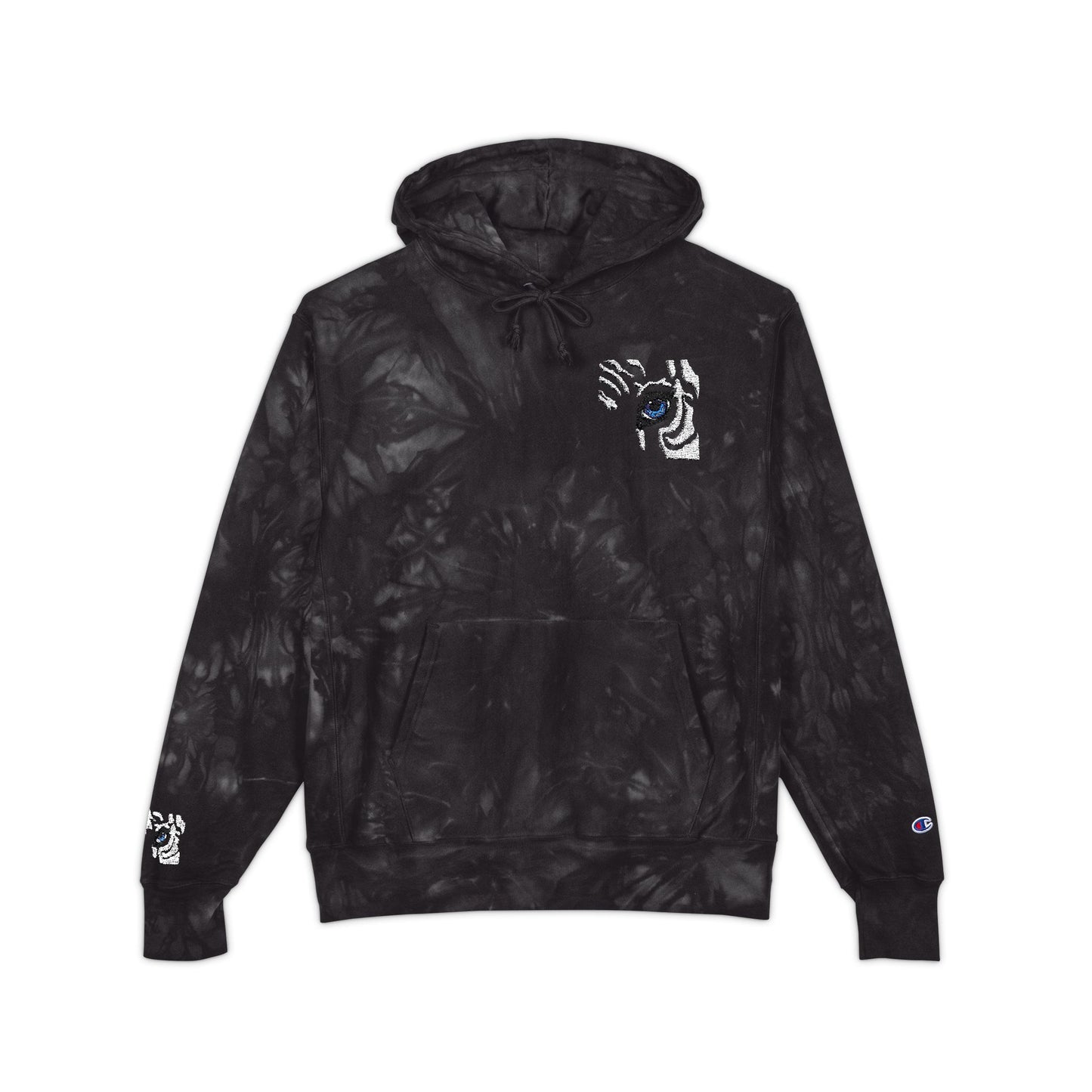 Tie-Dye Embroidered Hoodie — Black Swirl Champion Style