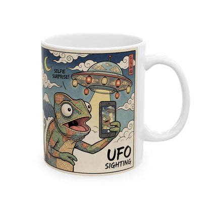 UFO Selfie Ceramic Mug — Funny Chameleon UFO Sighting Coffee Cup (11oz, 15oz)