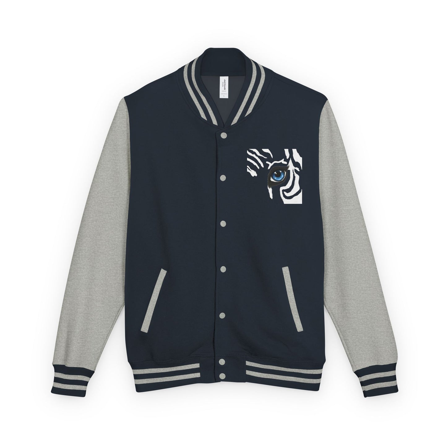 Tiger Eye Letterman Jacket — Red & White Varsity Jacket with Blue Tiger Eye Patch
