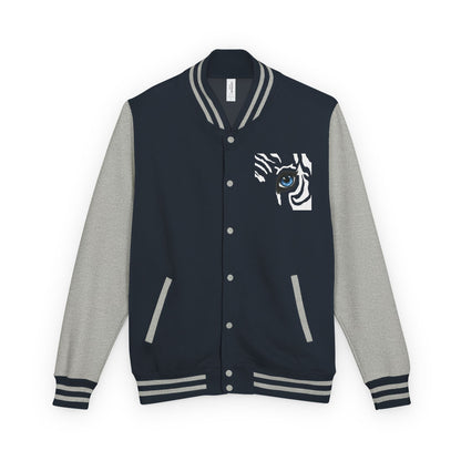 Tiger Eye Letterman Jacket — Red & White Varsity Jacket with Blue Tiger Eye Patch